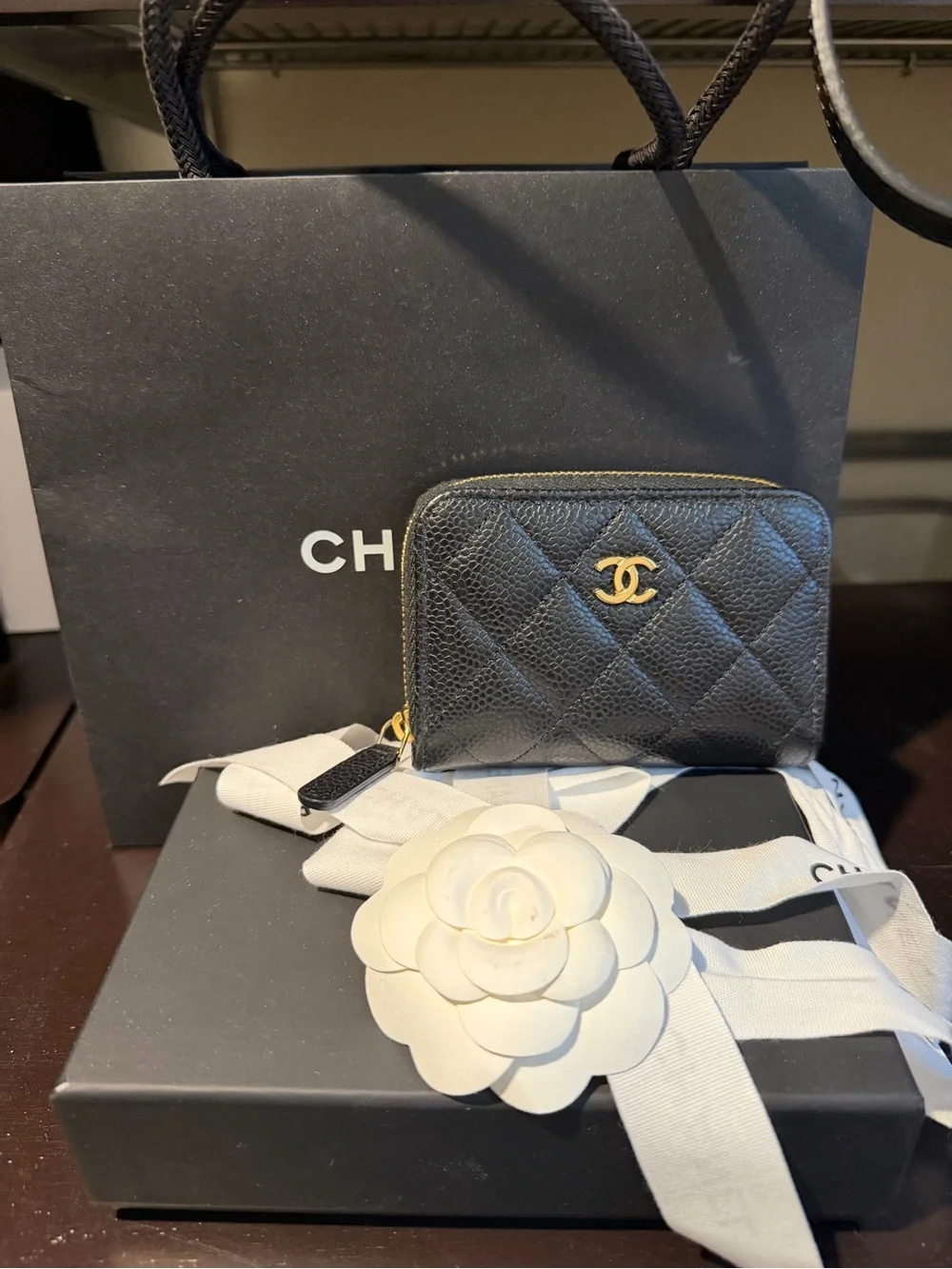 CHANEL Black Quilted Caviar Zip Card Wallet with Gold Hardware
